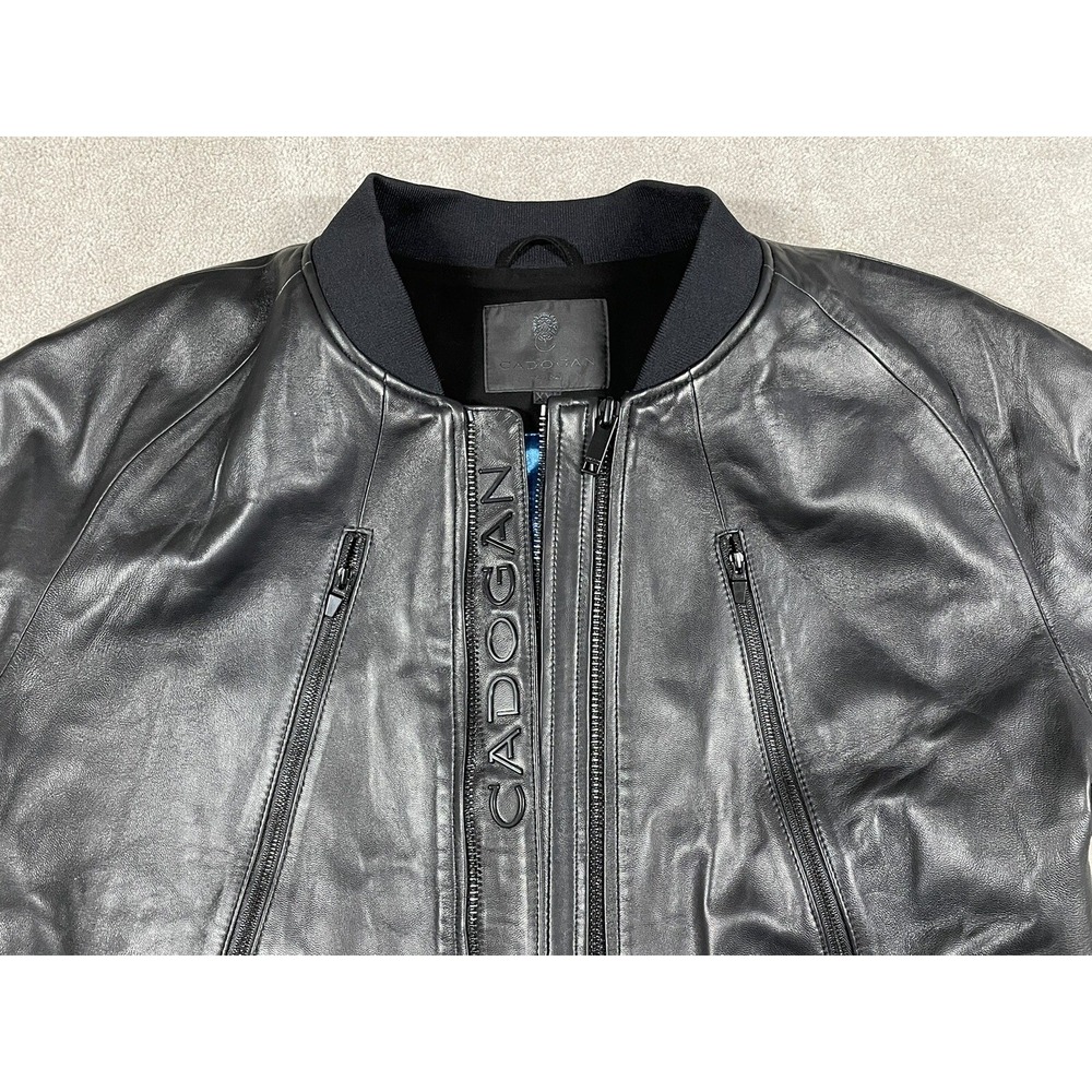CADOGAN Black Leather Bomber Jacket Full Grain Napa Lined Blue Satin XXL